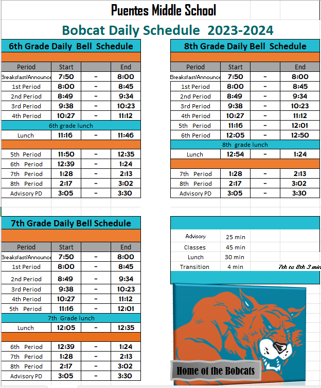20232024 Puentes MS Bell Schedule SSG. Manuel R. Puentes Middle School